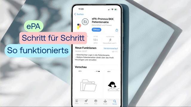 Abbildung eines Smartphone-Bildschirms mit der geöffneten ePA-App der Pronova BKK