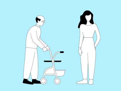 Pflege: Illustration einer Frau, die neben einem Mann mit Rollator steht