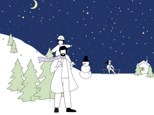 Illustration einer Schneelandschaft mit einem Vater und seinen zwei Kindern