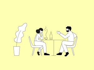 Illustration eines Paares die am Tisch sitzen und diskutieren
